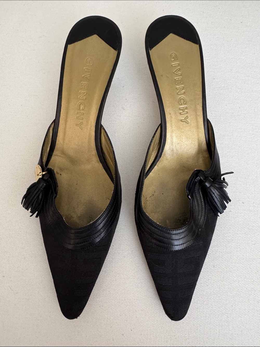 Vintage Givenchy Monogram Pointed Toe Kitten Heel Mules Black As Is